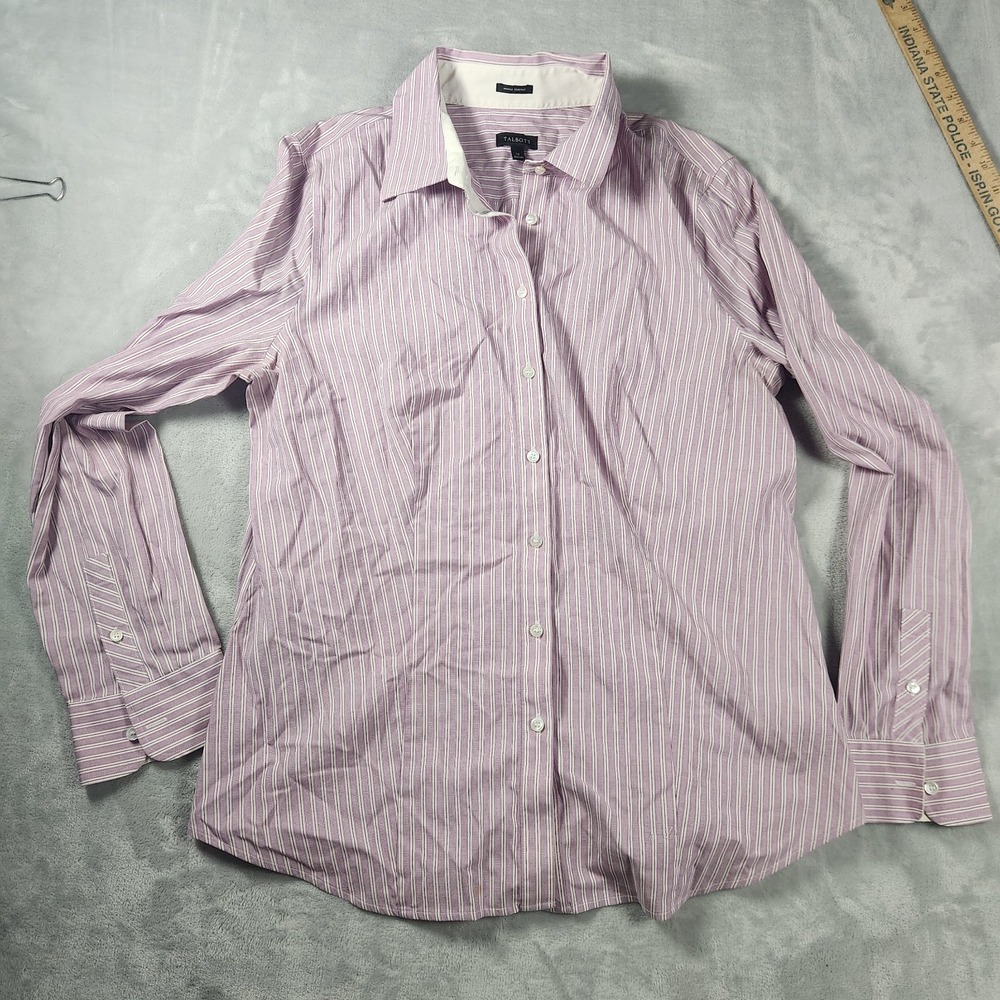 Talbots Purple White Stripe Button Up Shirt 14 Roll‎ Sleeve Preppy Maximalist